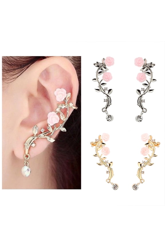2 Pcs Vintage Women Rose Flower Branch Rhinestone Climber Crawler Earrings Ear Jewelry-Golden