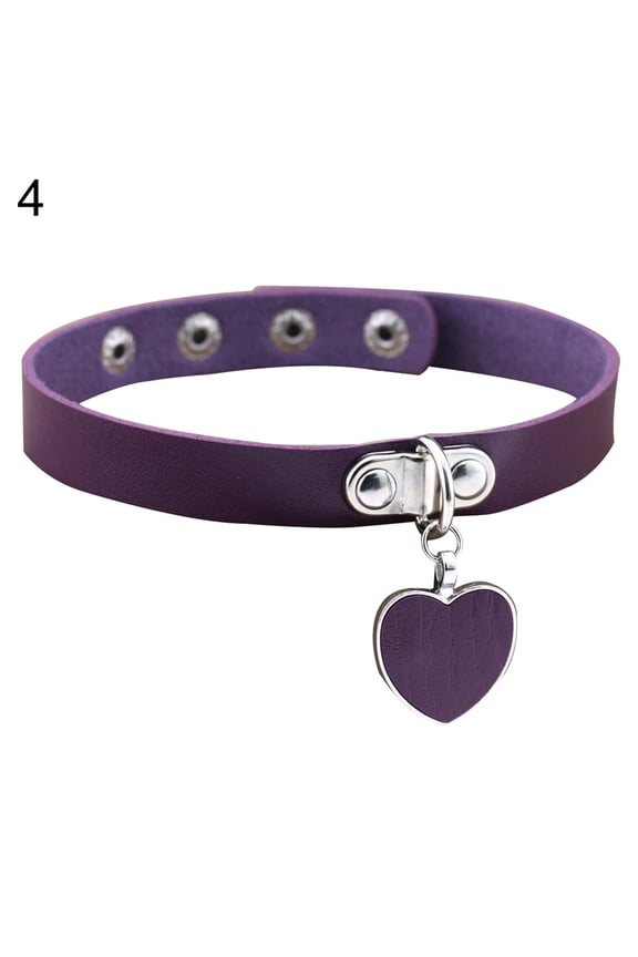 Punk Gothic Women Heart Pendant Faux Leather Choker Collar Necklace Bracelet-Purple