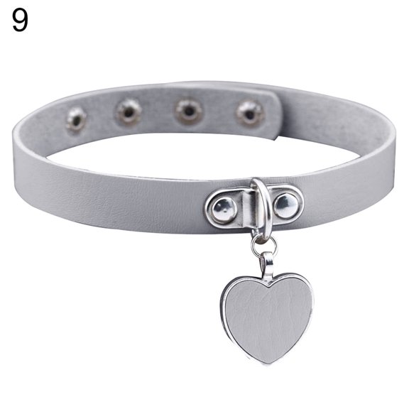 DaXi Punk Gothic Women Heart Pendant Faux Leather Choker Collar Necklace Bracelet-Silver