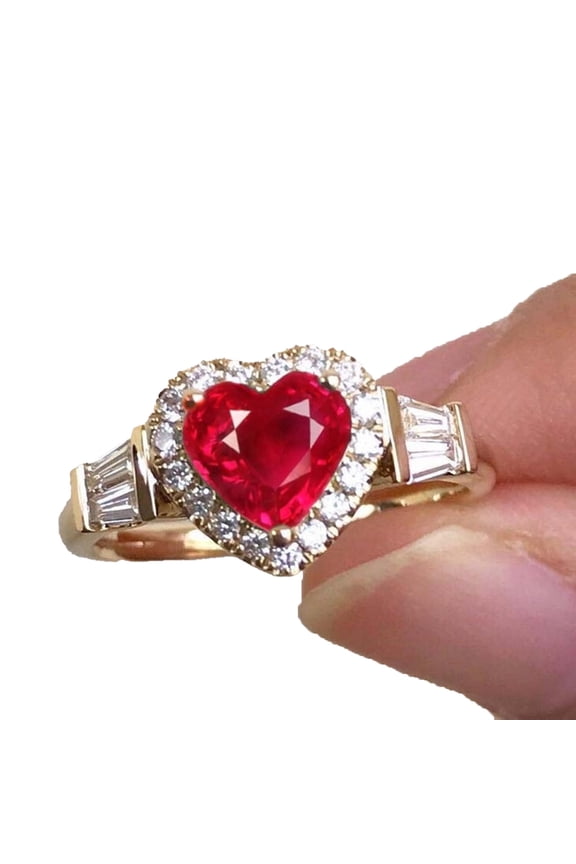 Wedding Ring Gorgeous Electroplating Retro Gift Golden Love Heart Rhinestone Finger Ring Jewelry Red