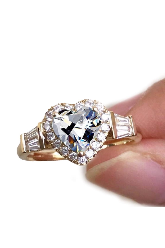Wedding Ring Gorgeous Electroplating Retro Gift Golden Love Heart Rhinestone Finger Ring Jewelry White