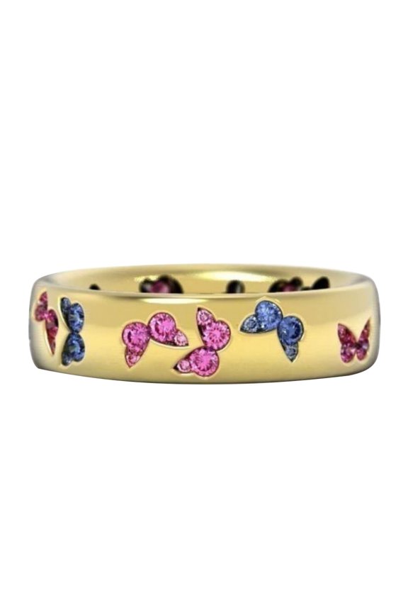 Women Butterfly Cubic Zirconia Inlaid Finger Ring Wedding Party Jewelry-Pink+Blue*