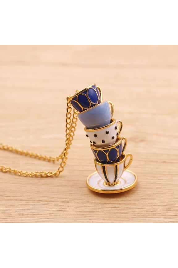 Women Fashion Hand Painted Enamel Teacup Pendant Necklace Long Chain Jewelry,Necklace