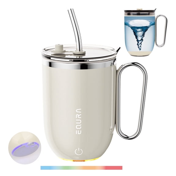 Daasigwaa Self Stirring Mug - 4-Color Temp Display Magnetic Electric Auto Mixing Stainless Steel Cup with Straw & Lid For Office/Kitchen/ Home/Coffee/Milk- 14.2oz/420ml(Beige)