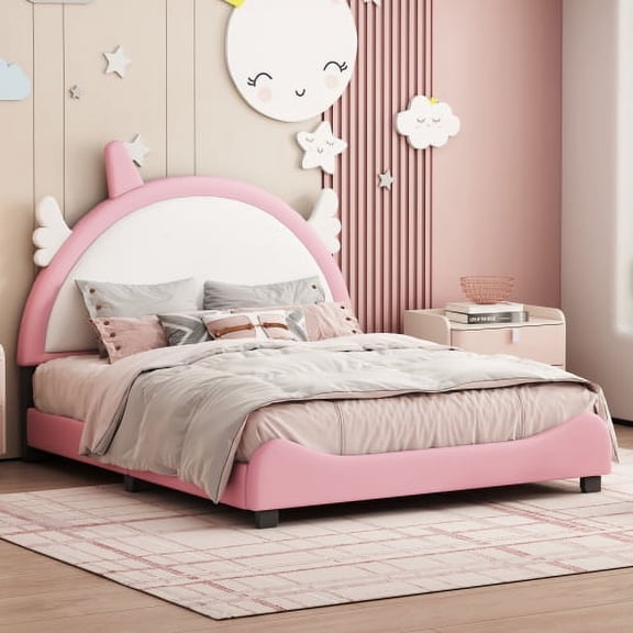 Daatumm Full Upholstered Fantasy Bed with Whimsical Unicorn Headboard & Footboard - Full Size Platform Bed with White/Pink Soft Fabric Frame for Theme Bedrooms