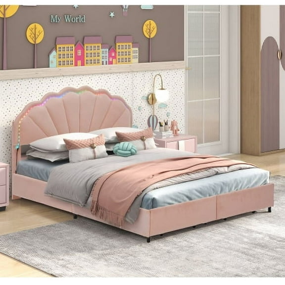 Daatumm Pink Princess Upholstered Full Size Bed Frame with Smart LED Lights, 2 Storage Drawers & Double Petal Headboard - No Box Spring Platform Bed for Girls