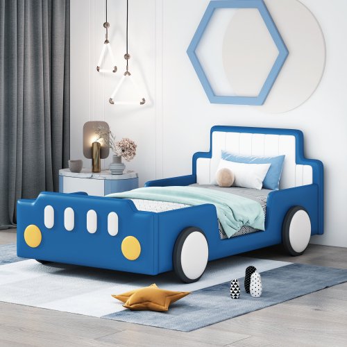 Daatumm Twin Racing Platform Bed with Dynamic Speed Accents & Rolling Wheels - Vibrant Blue Upholstered Bed Frame for Immersive Playrooms & Themed Bedrooms