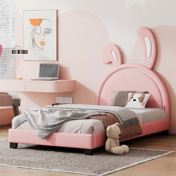 Daatumm Twin Upholstered Leather Platform Bed with Whimsical Rabbit Accents - Luxe Pink Modern Bed Frame for Theme Bedrooms
