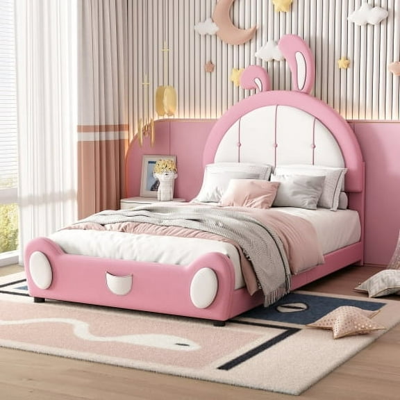 ‌Daatumm Twin Upholstered Platform Bed with Abstract Rabbit-Inspired Headboard - Snow Pink Bed Frame for Contemporary Studios & Themed Spaces