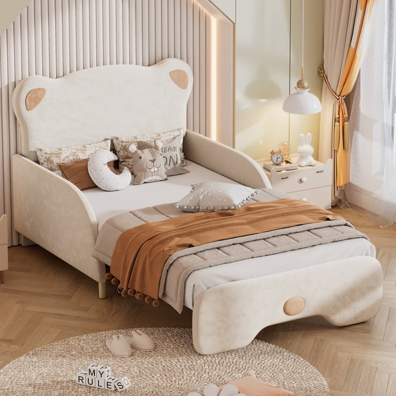 Daatumm Twin XL Upholstered Convertible Sofa Bed with Abstract Bear-Inspired Headboard - Sand Beige Multi-Functional Furniture for Compact Living