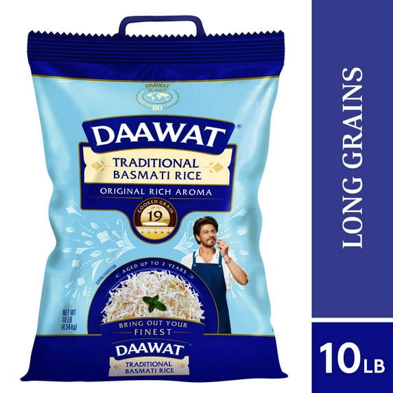 Daawat Traditional Basmati White Rice - Authentic Long Grain Basmati Rice - Non-Sticky, Fluffy, Nutty, Aromatic Rice, Vegan Food, Healthy Meals, Gluten-Free, 10 lb Bag