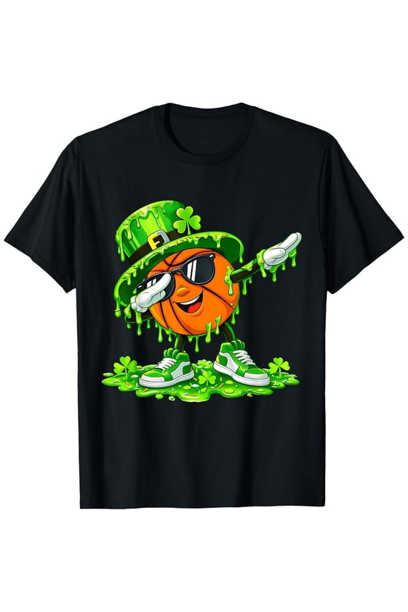 Dab Basketball St Patricks Day Ice Cream Drip Shamrock Boys Girls T-Shirt, T-Shirt for Kids Youth, 180gsm, 100% Cotton