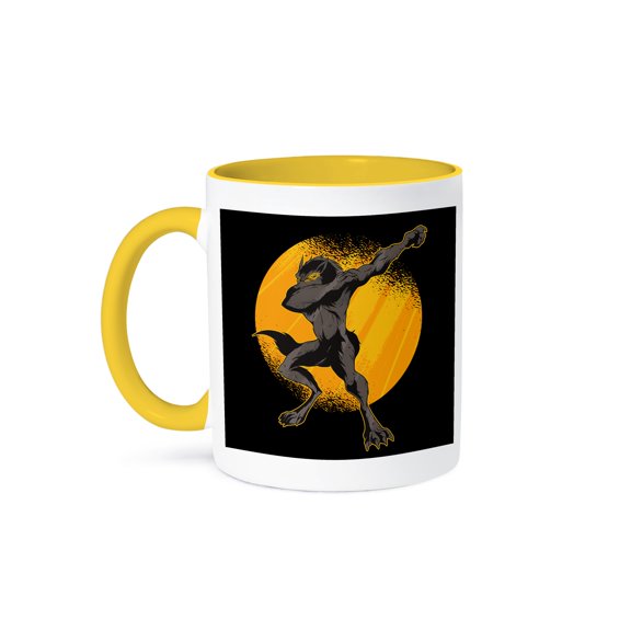 3drose, Dab Dabbing Fantasy Werewolf with Yellow Circle Wolf, 11oz Two-tone Yellow Mug