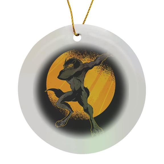 3drose, Dab Dabbing Fantasy Werewolf with Yellow Circle Wolf, Circle Porcelain Ornament