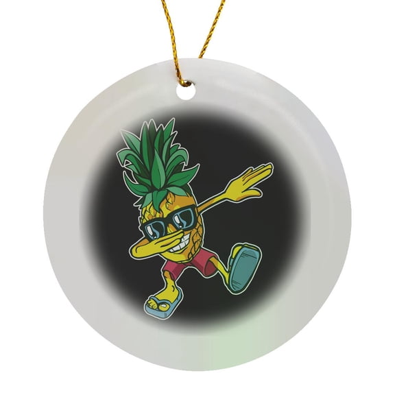3drose, Dab Dabbing Pineapple Fruit Food with Green Background, Circle Porcelain Ornament