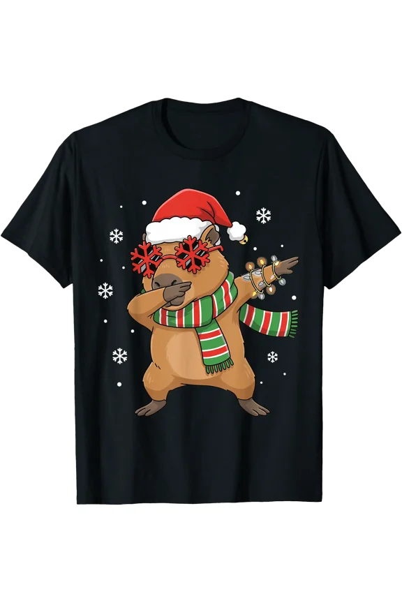 Dabbing Capybara Christmas Santa Hat Design Retro Style T-Shirt, Unisex T-Shirt