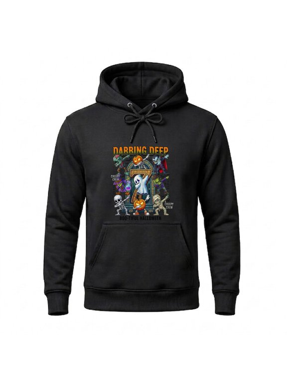 Dabbing Deep Creepy Crew Skeleton Zombie Pumpkin Halloween Monsters Hoodie Graphic Long Sleeve Hooded Neck Fleece Top Pullover for Adults Black L