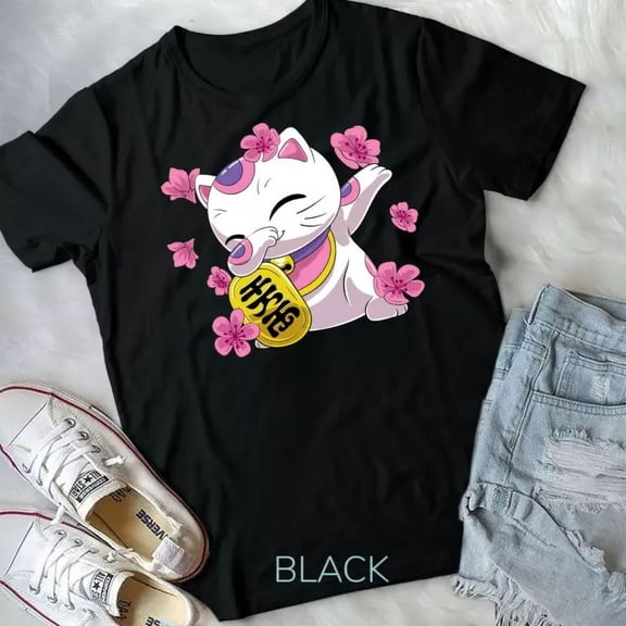 Dabbing Maneki Neko Japanese Lucky Cat And Sakura Flowers Form T-Shirt
