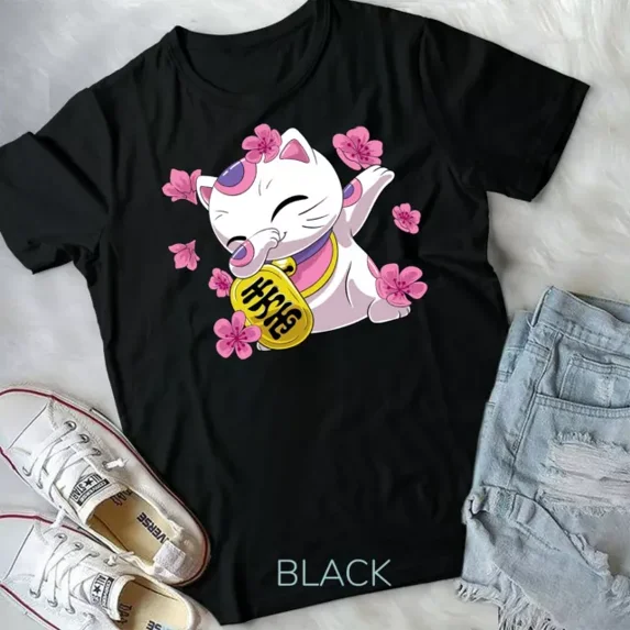 Dabbing Maneki Neko Japanese Lucky Cat And Sakura Flowers Unisex T-Shirt Unisex S-5XL Hot Trending Shirt, Vintage Birthday Gift