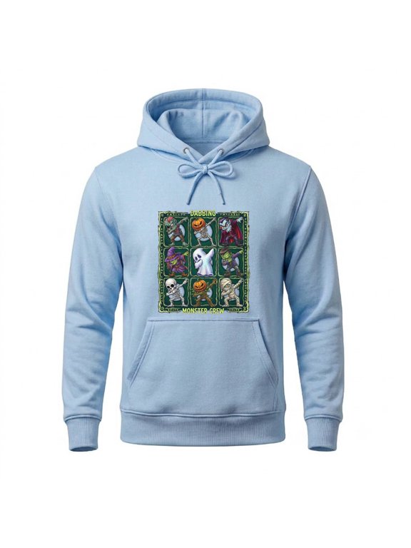 Dabbing Monster Crew Halloween Skeleton Zombie Pumpkin Vampire Ghost Hoodie Graphic Long Sleeve Hooded Neck Fleece Top Pullover for Adults Light Blue XL