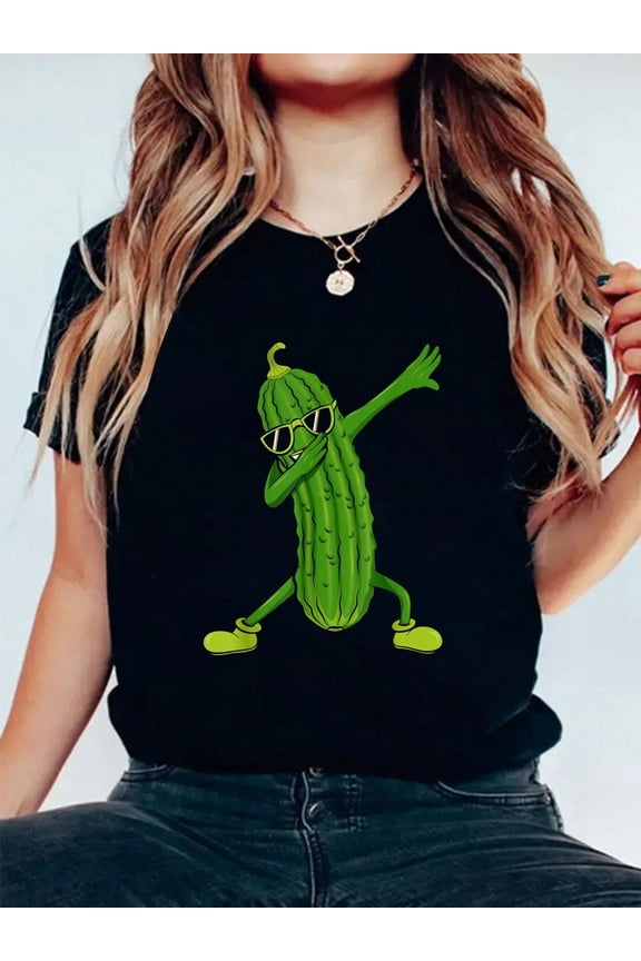 Dabbing Pickle Dancing Cucumber Lover Funny Gifts T-Shirt Print Cotton T-Shirt For Summer, Women's Soft Short Sleeve Top, Stylish Comfy Tee For Women Graphic Tees