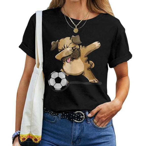 Dabbing Pug Dog Soccer Football Lover Graphic Cotton T-Shirt Unisex Adult Soft Breathable Tee Casual Comfortable Everyday Outfit, Size M, Color Black