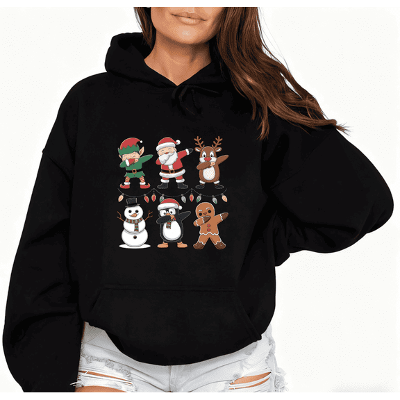 Dabbing Santa Elf Christmas Graphic Tee T-Shirt Top Print Cotton Hooded long-sleeved Black S-2XL