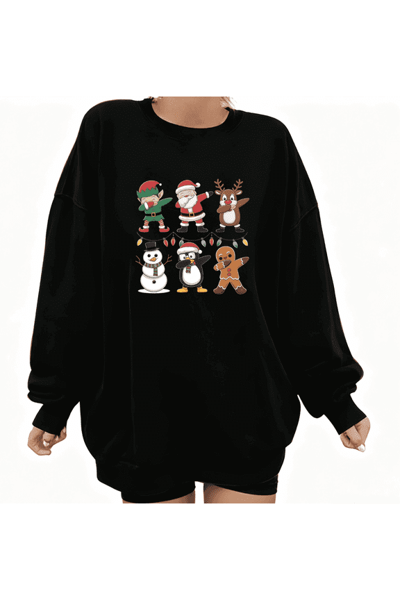 Christmas Dabbing Santa Elf Graphic Tee T-Shirt Top Print Breathable Round-neck long-sleeved Black S-3XL