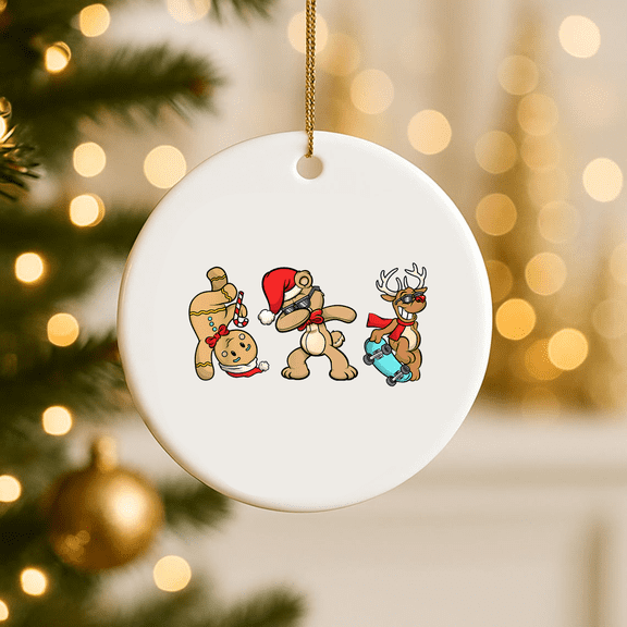 Dabbing Santa Skateboard Reindeer Dancing Gingerbread Christmas 2D FLAT CIRCLE Ceramic Ornament