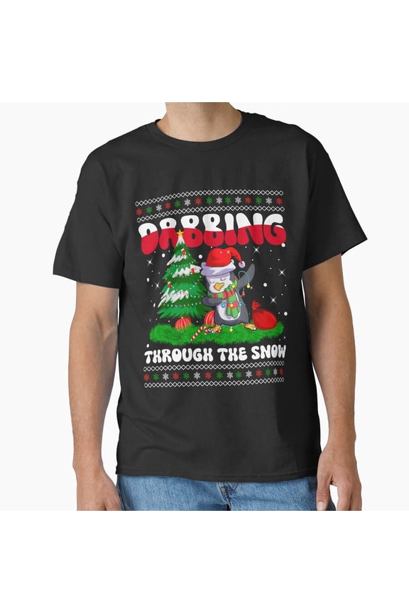 Dabbing Through The Snow Penguin Dab Dance Christmas Lights Funny Unisex T-Shirt, for men & women, up to size 5XL