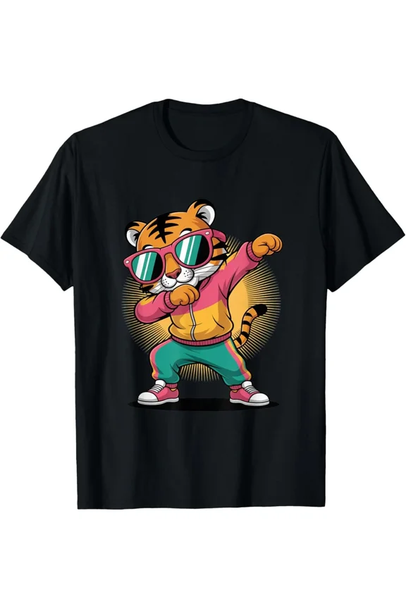 Dabbing Tiger With Sunglasses Dancing Dabbing Animal Feline Unisex T-Shirt, up to Size 5XL