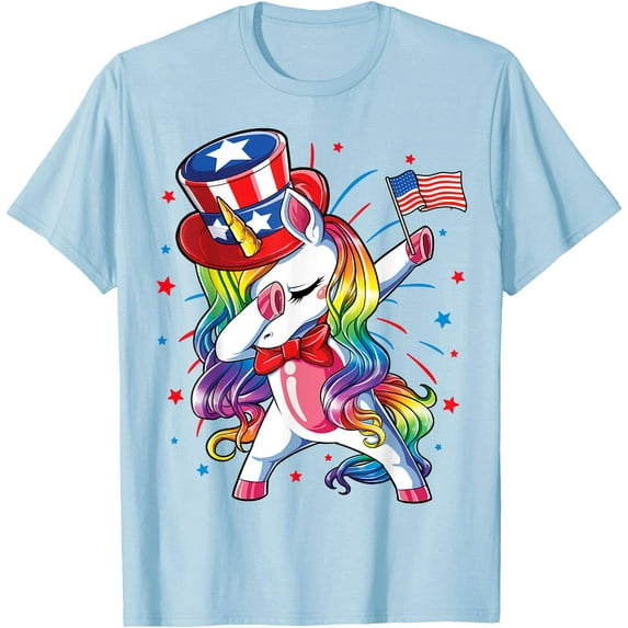 Dabbing Unicorn 4 July Uncle Sam American Unisex T-Shirt for Men Women Kids Toddler,Light Blue Color,Size 2T