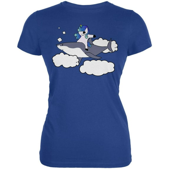 Dabbing Unicorn Riding Shark In The Sky Juniors Soft T Shirt Royal MD