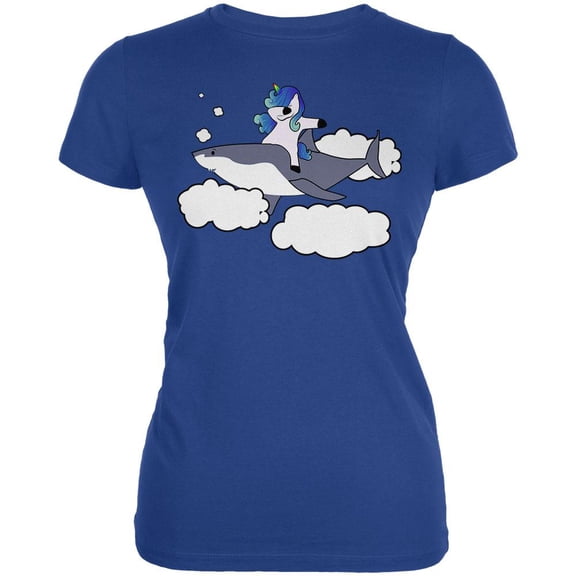 Dabbing Unicorn Riding Shark In The Sky Juniors Soft T Shirt Royal MD