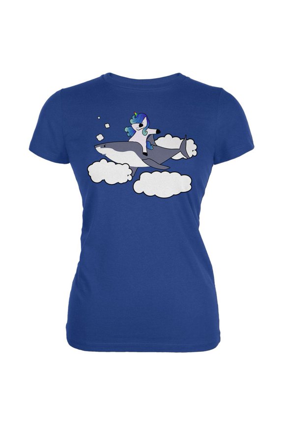 Dabbing Unicorn Riding Shark In The Sky Juniors Soft T Shirt Royal SM