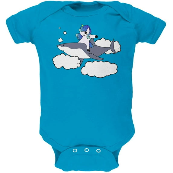 Dabbing Unicorn Riding Shark In The Sky Soft Baby One Piece Turquoise 12-18 M