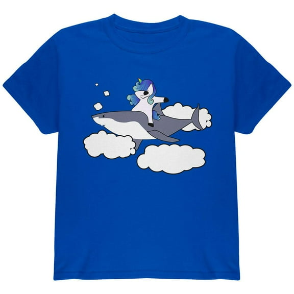 Dabbing Unicorn Riding Shark In The Sky Youth T Shirt Royal YLG