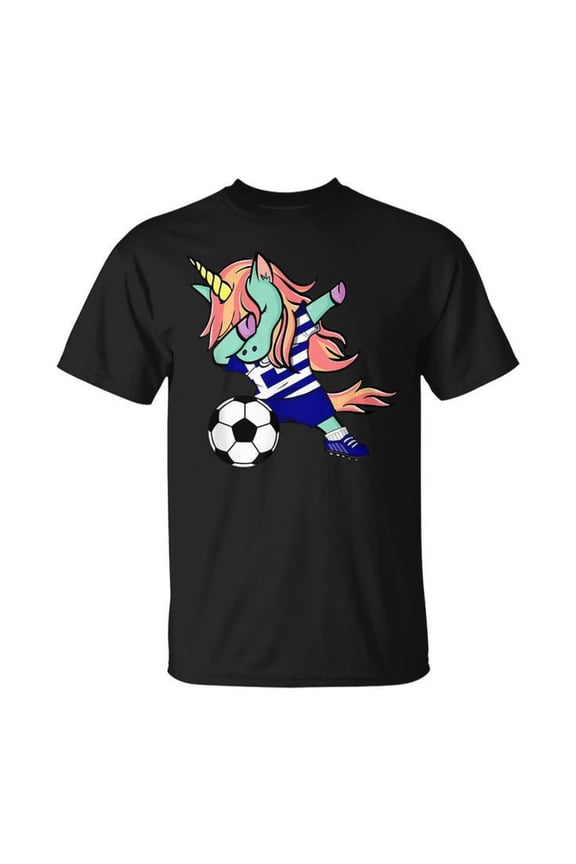 Dabbing Unicorn Soccer Greece Jersey Greek Football Graphic Cotton Tee Unisex Adult Casual Sports Humor T-Shirt, Size 2XL, Color Black