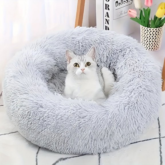 Dabei Cat Beds For Indoor Cats, Cat Bed Machine Washable, Round Pet Bed Non-Slip, Calming Soft Plush Donut Cuddler Cushion Self Warming For Small Dogs Kittens, Medium