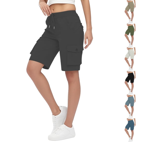 Danhjin Blue Bermuda Cargo Shorts for Women Casual Long Knee Length High Waisted Stretch Wide Leg Loose 5'' Sports Hiking Cargo Shorts Outdoor Summer Lightweight