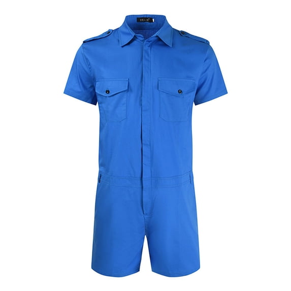 Danhjin Blue Men's Romper Work Wear Short Sleeve Leisure Tight Rompers Jumpsuits with Chest Pockets