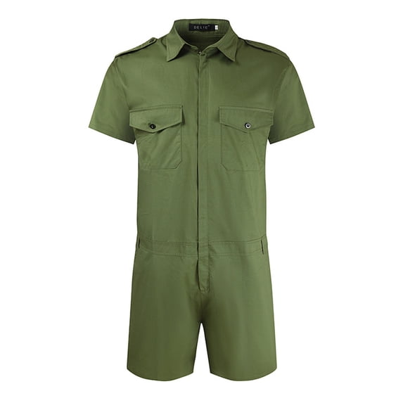Danhjin Green Men's Romper Work Wear Short Sleeve Leisure Tight Rompers Jumpsuits with Chest Pockets