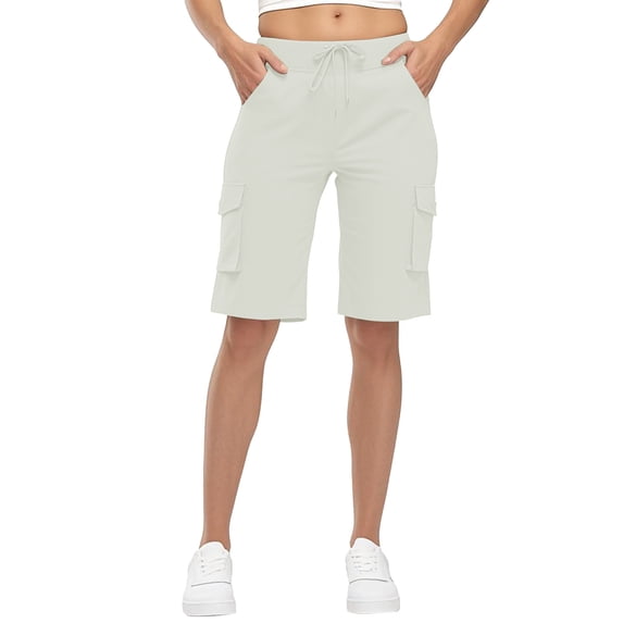 Danhjin White Bermuda Cargo Shorts for Women Casual Long Knee Length High Waisted Stretch Wide Leg Loose 5'' Sports Hiking Cargo Shorts Outdoor Summer Lightweight