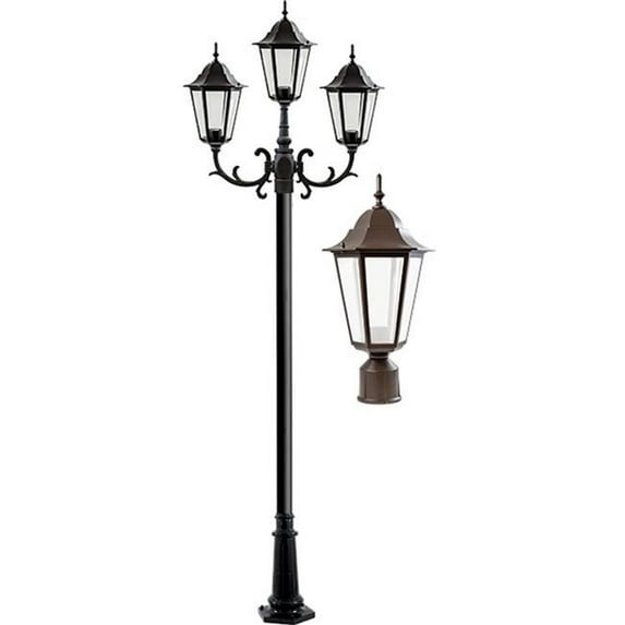 Dabmar Lighting 120V E26 3X LED 18W 65K Frost Cast Aluminium 3 Post Top Light Fixture Pole Plus Base, Bronze