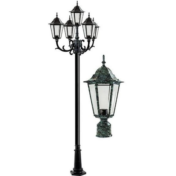Dabmar Lighting GM1325S-VG 120V E26 5X Cast Aluminium 5 Post Top Light Fixture Pole Plus Base, Verde Green