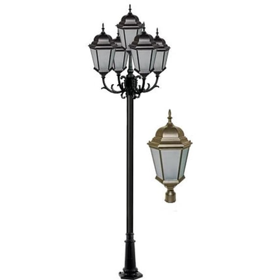 Dabmar Lighting GM2355-BZ-FR 120V E26 Frost Cast Aluminium 5 Post Top Light Fixture Pole Plus Base, Bronze