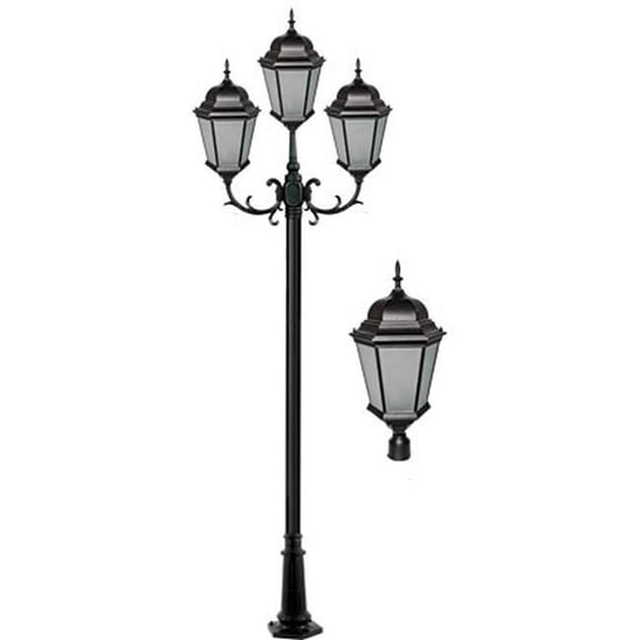 Dabmar Lighting GM2353-L90-65K-B-FR 85V-265V E26 3X LED 30W 65K Frost Cast Aluminium 3 Post Top Light Fixture Pole Plus Base, Black
