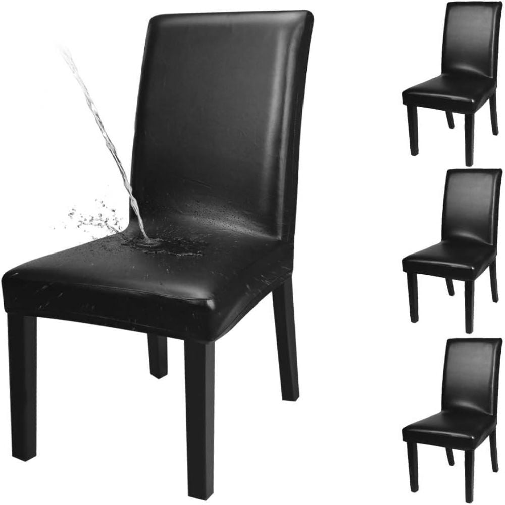 Black PU Leather Waterproof Stretch Dining Chair Covers, Set of 4