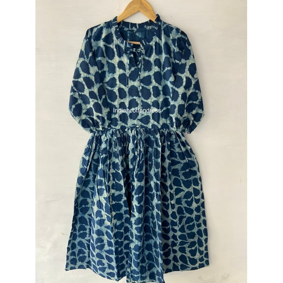Ethnic Traders Dabu Work Indigo Color Handblock Printed Cotton Skater Party Dress for Women