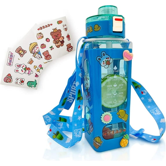 DabuLiu Cute Water Bottles Kawaii Water Bottle with Straw Portable Leakproof BPA-Free Drinking Bottle with Adjustable Shoulder Strap and Sticker - for Boys Outdoor Travel (Blue-24oz-Time Marker)